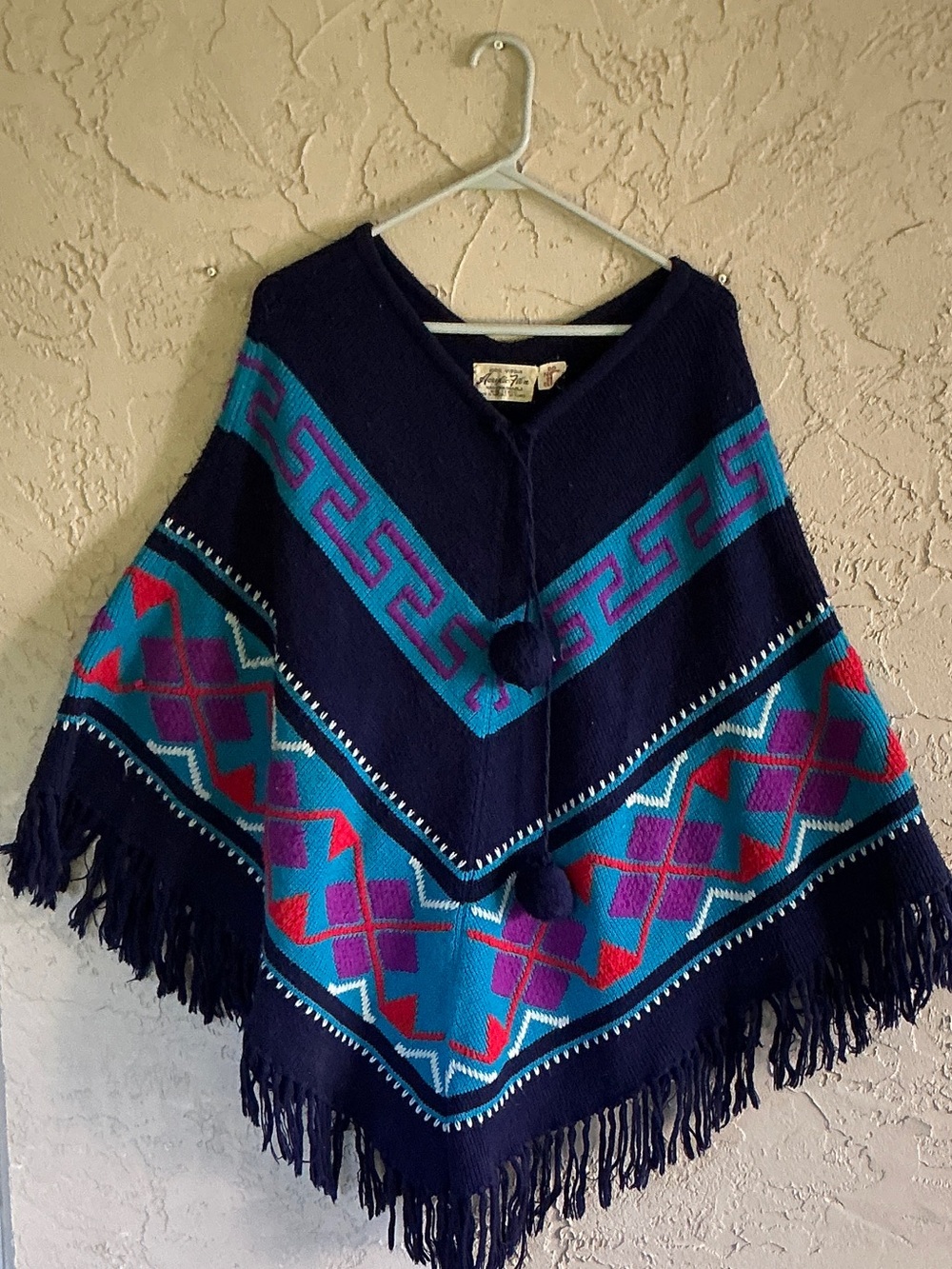 Vintage 1970s Blue Acrylic Poncho Aztec  Patterned Fringed